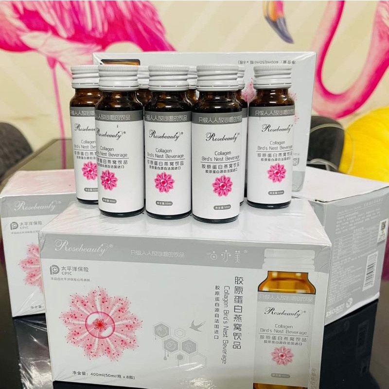 (Giá bán cho 1 hộp 8 lọ 50ml) Nước Uống Collagen Rose Beauty Tinh Chất Yến &amp; Hoa Anh Thảo