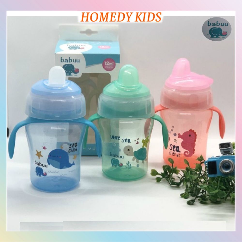 Bình tập uống nước đầu hút silicon mỏ vịt có tay cầm Babuu Nhật Bản 240ml bình nước cho bé đi học Homedy Kids BN09