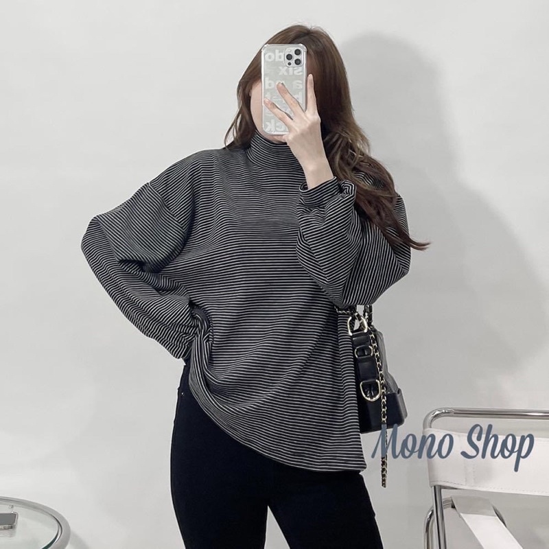 Áo nỉ kẻ cổ cao - Áo nỉ tay bồng Quảng Châu dày dặn style Ullzang xinh xắn