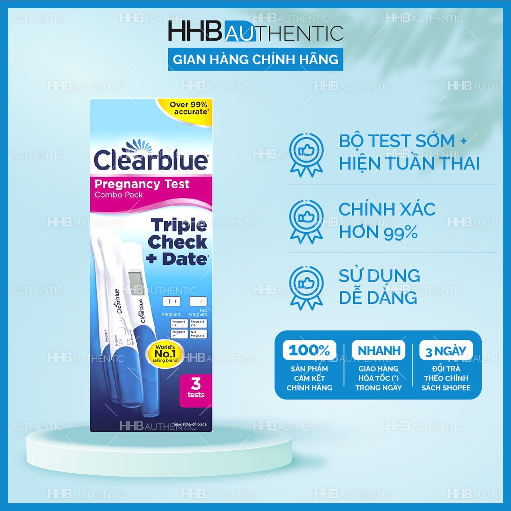 Que thử thai Clearblue Pregnancy Triple Check Date - Xuất xứ Úc