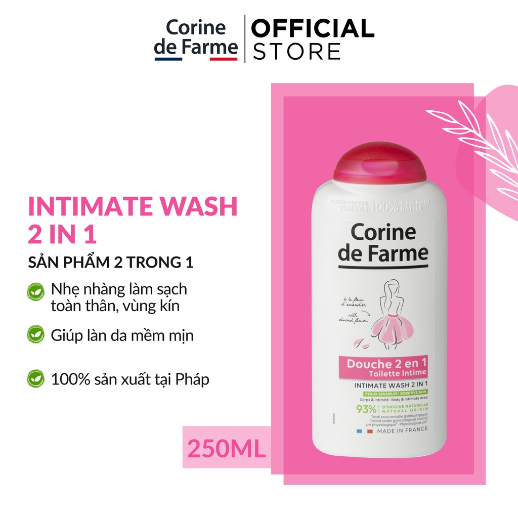 Sản phẩm 2 trong 1 , Gel làm sạch toàn thân và vùng sinh dục ngoài Corine de Farme Intimate Wash 2 in 1 250ml