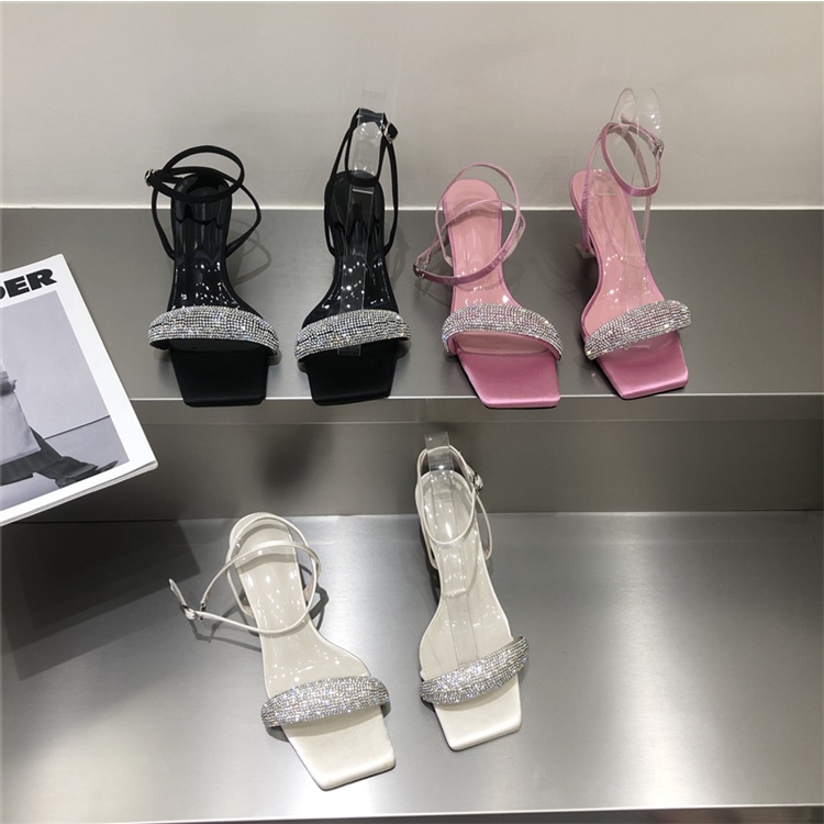 2022 new summer one-line high heel sandals rhinestone open toe white stiletto mid heel square toe women's shoes 0pDo