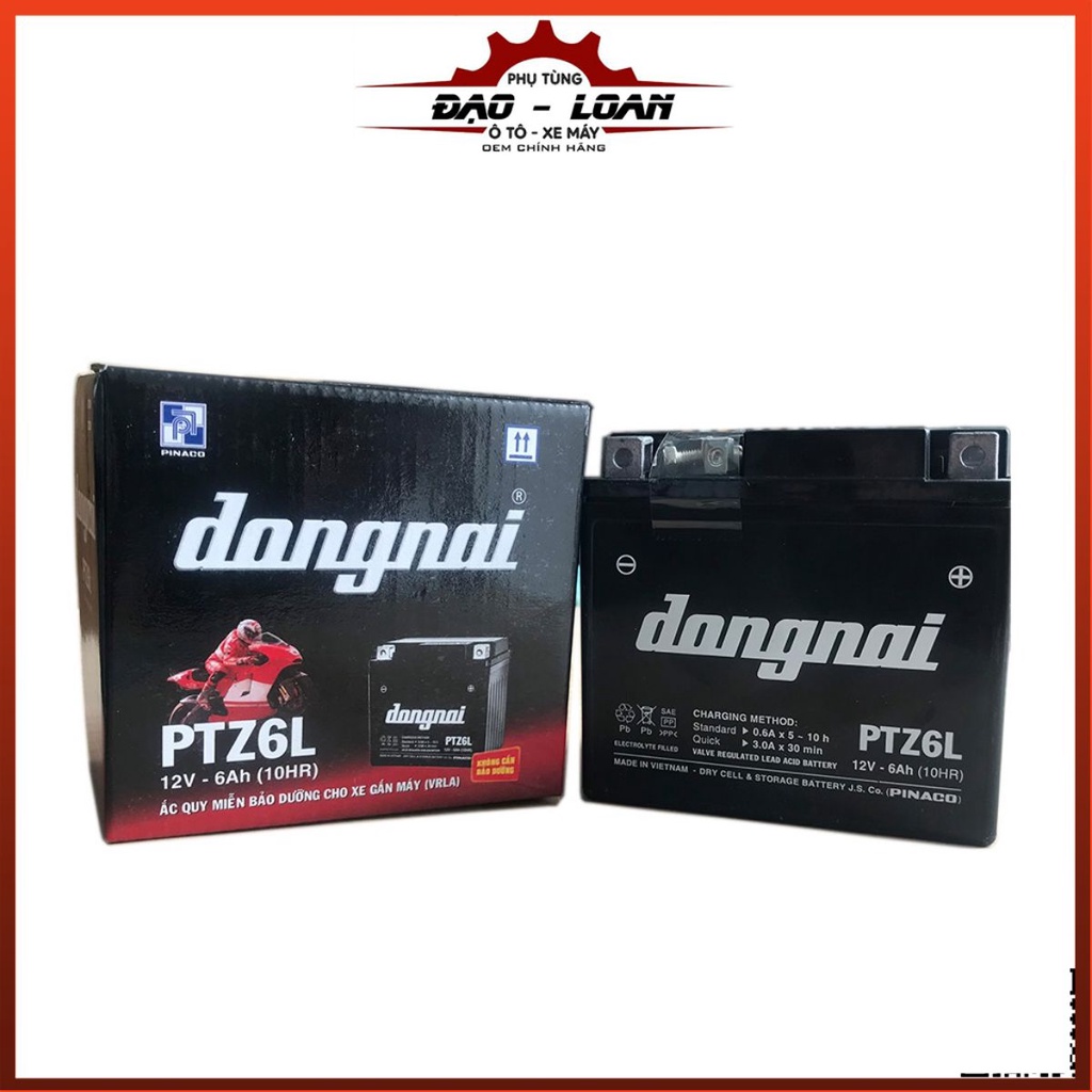Bình Ắc Quy Khô ĐỒNG NAI PTZ6L 12V - 6Ah (PINACO) Dành cho xe số, xe ga Honda, Yamaha, Suzuki, SYM.