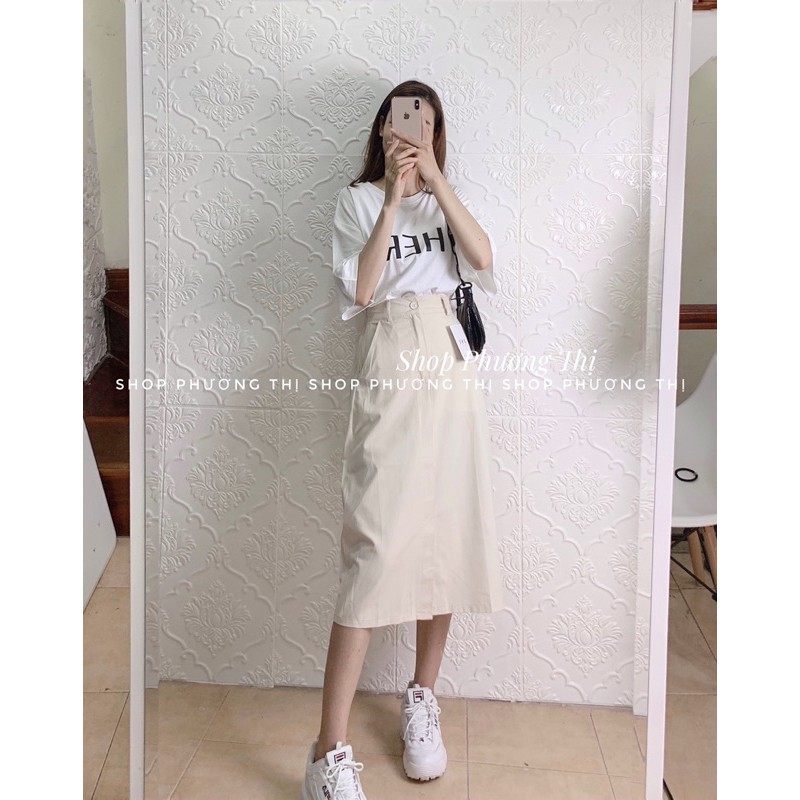 Chân váy kaki cạp chun sau dáng dài qua gối (hình shop tự chụp) | BigBuy360 - bigbuy360.vn