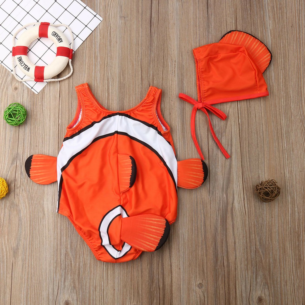 Bộ đồ bơi 1 mảnh họa tiết cá hề kèm mũ đáng yêu cho bé gái Đồ bơi cho bé