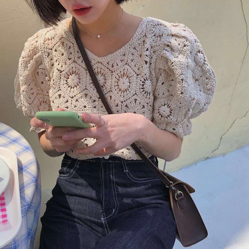 Áo Dệt Kim Tay Phồng Cổ Chữ V Dáng Ôm Thời Trang Cho Nữ