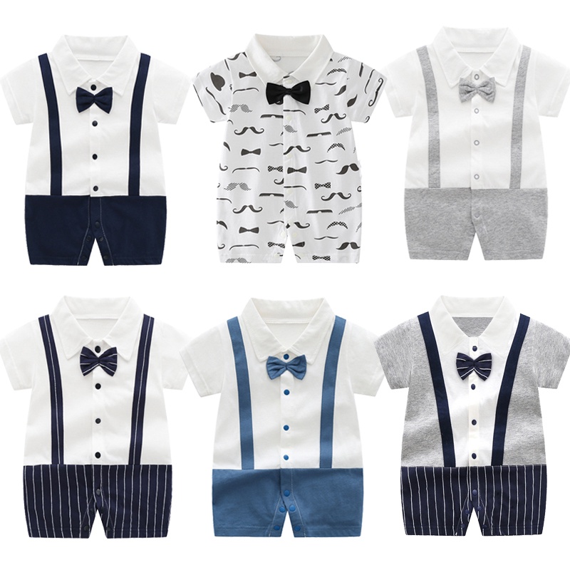 Áo Liền Quần Cổ Đứng Tay Ngắn Giả 100% Cotton Cho Bé Trai 0-13 Tháng Tuổi