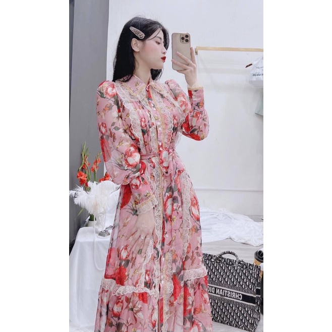 Váy tơ hoa viền ren nhung siêu xinh