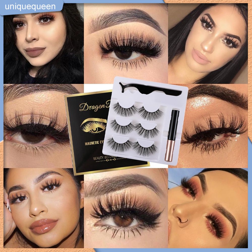 Bộ lông mi giả 3D từ tính kèm bút kẻ mắt dạng lỏng tiện dụng
