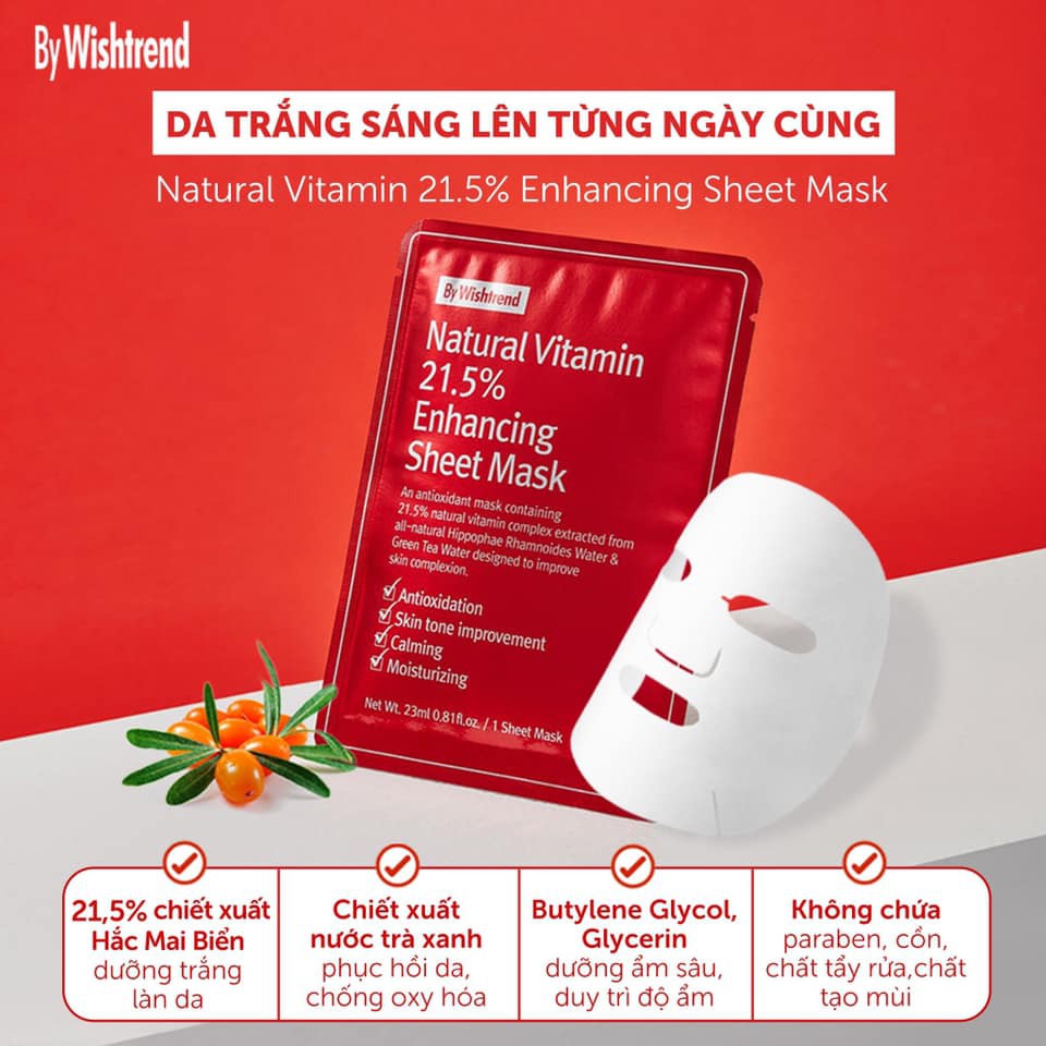 Mặt Nạ Vitamin Dưỡng Trắng Da By Wishtrend Natural Vitamin 21.5% Enhancing Sheet Mask 23ml