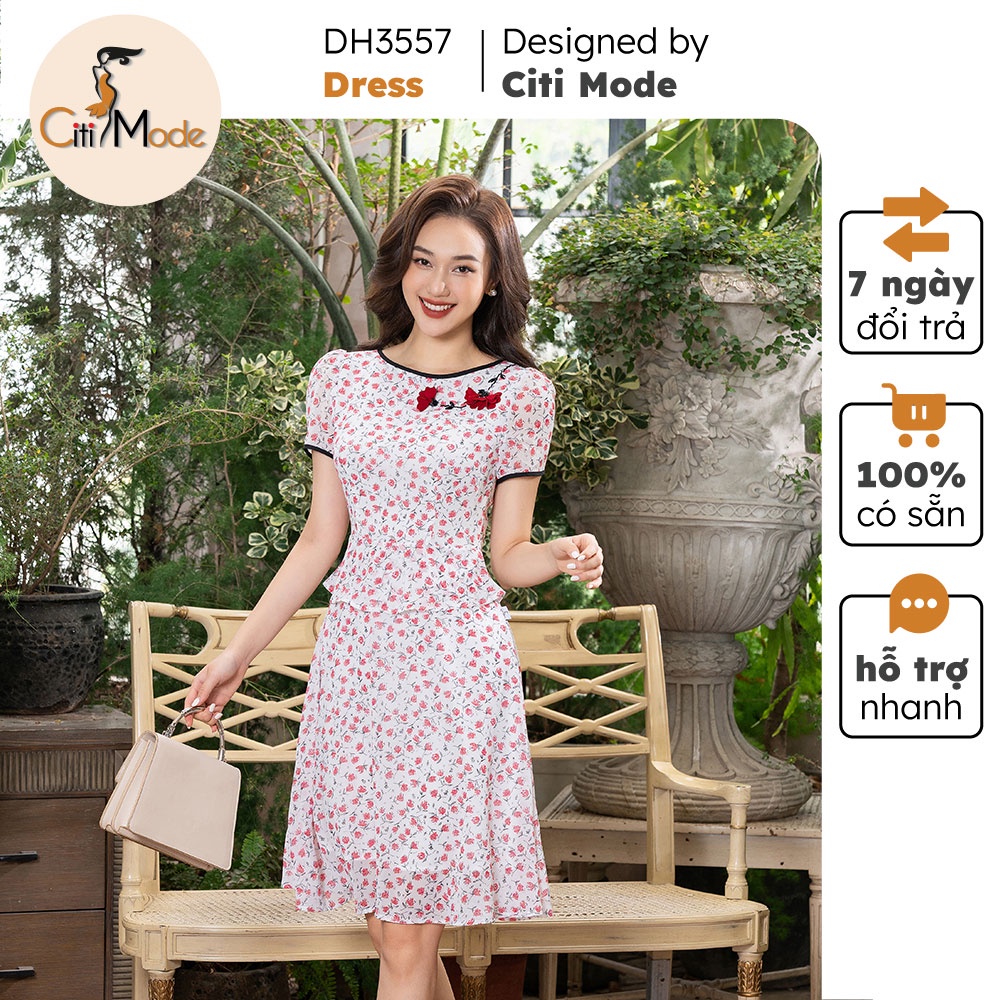 Đầm xòe hoa nhí đỏ CITI MODE dáng peplum cổ thêu hoa chất Voan cao cấp 2 lớp DH3557