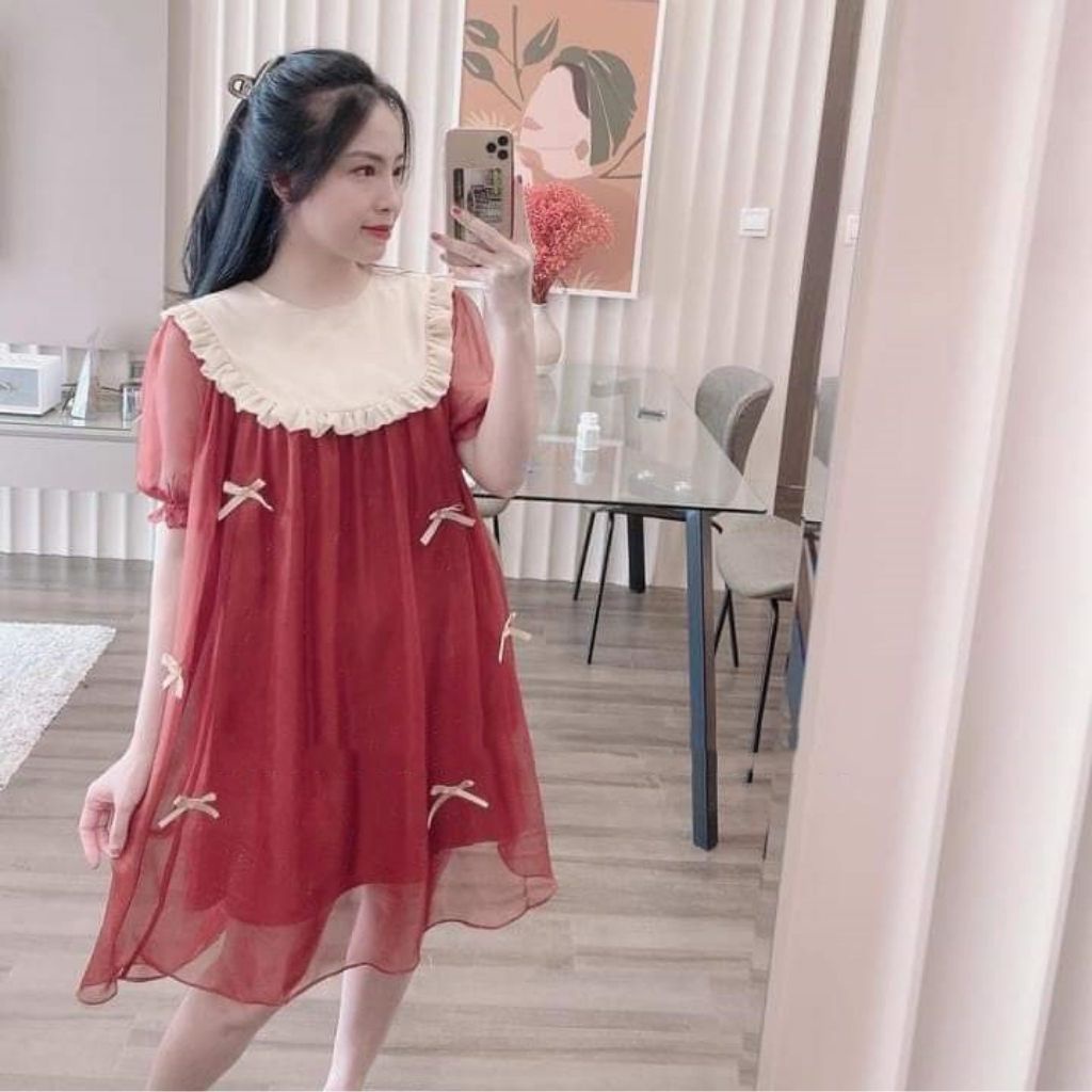 Váy bầu thời trang thiết kế M373 chất voan hai lớp freesize từ 45 đến 70kg