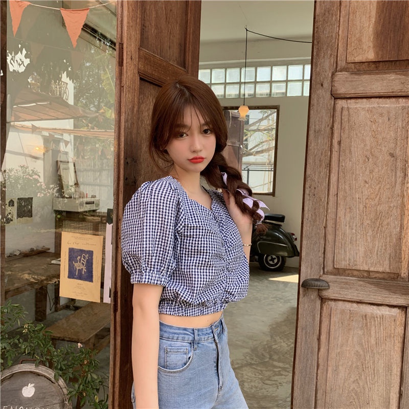 Áo Kiểu Cổ Chữ V Tay Ngắn Họa Tiết Sọc Caro Phong Cách Hàn Quốc Cho Nữ
