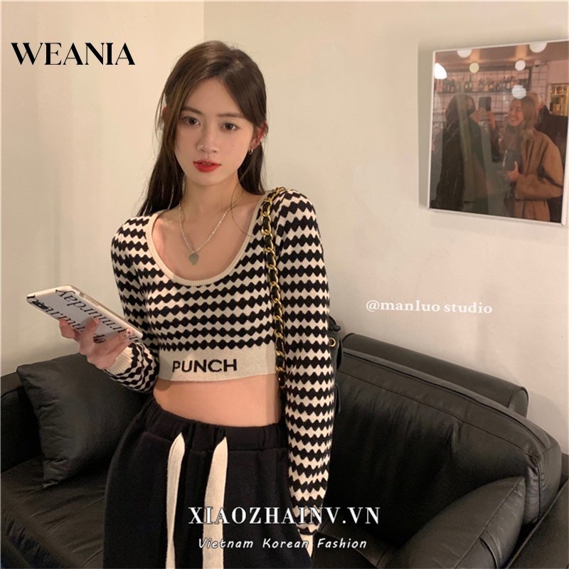 Áo Croptop Dệt Kim Tay Dài Cổ Thuyền Phong Cách Retro Quyến Rũ Cho Nữ