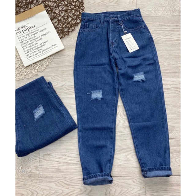 Quần baggy jean xanh đậm rách cơ bản, hình thật tự chụp