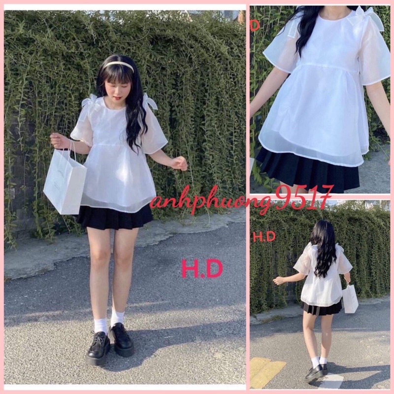 Áo Babydoll Voan Tay Cộc Nơ Vai Vải Voan Tơ Đũi 2 Lớp Xịn Xò❤️Áo Công Chúa Vintage đi chơi, dự tiệc