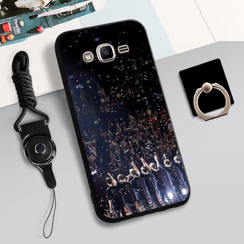Ốp điện thoại dẻo họa tiết hoạt hình phong cách BTS kèm giá đỡ nhẫn chống trầy/ rơi cho Samsung Galaxy J2 Prime