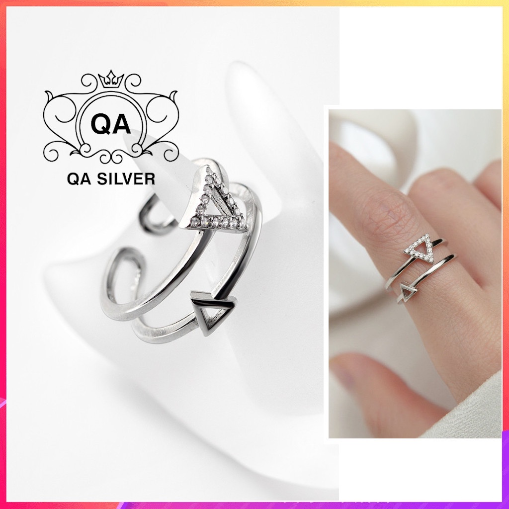 Nhẫn bạc 925 tầng mặt tam giác khảm đá nhẫn nữ hình học S925 TRIANGLE Silver Ring QA SILVER RI220102