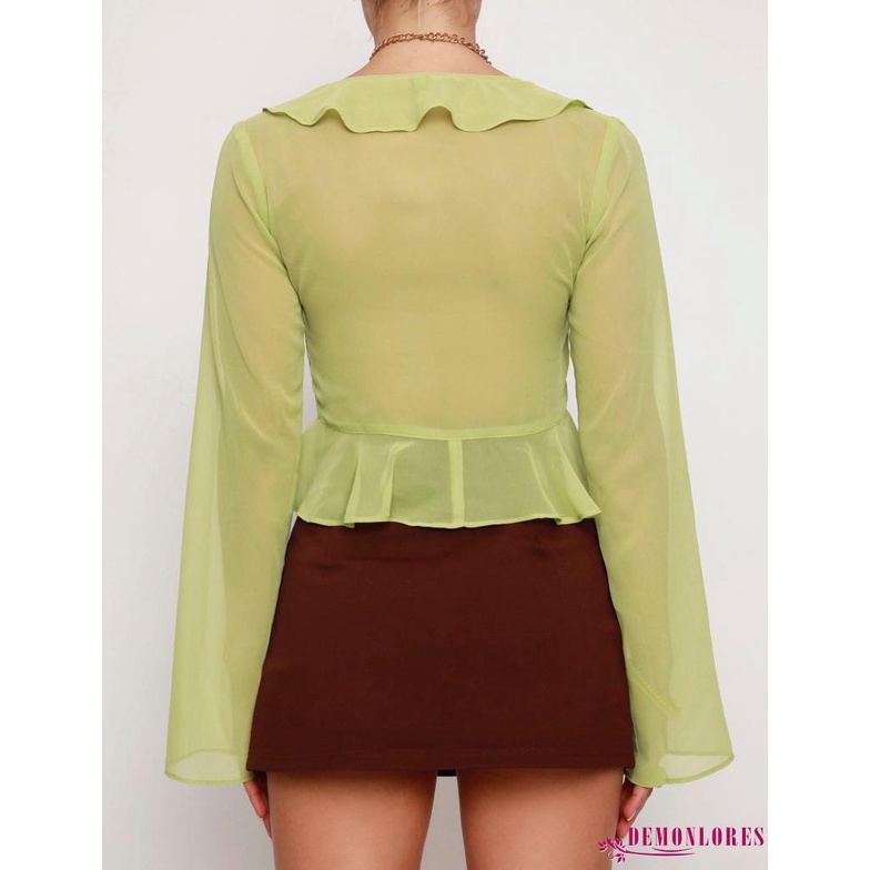 Áo Crop Top Tay Loe Dài Cổ Chữ V Xẻ Sâu Gợi Cảm Cho Nữ