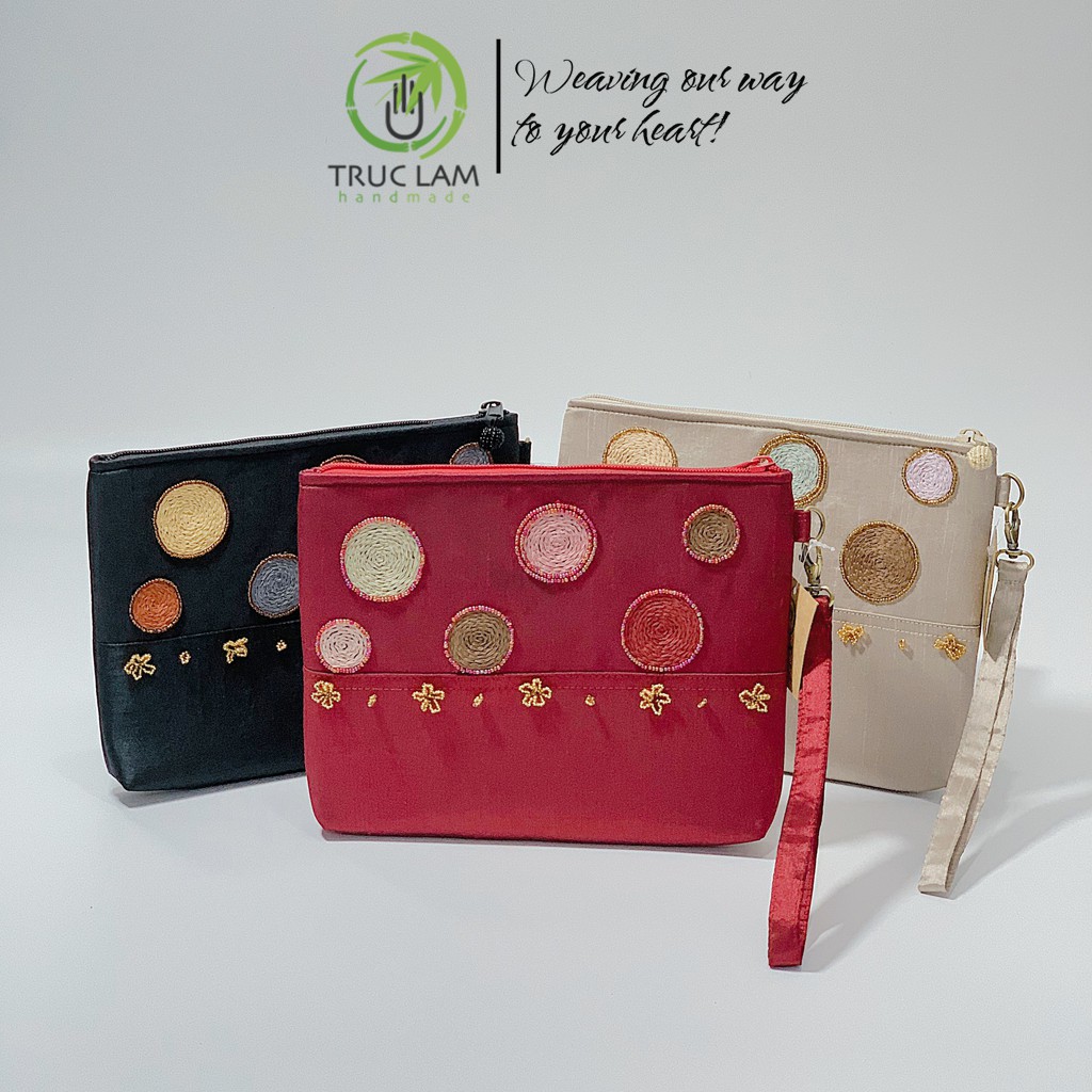 Ví Cầm Tay Đựng Ipad Clutch Vải Tafta Thêu Vòng Tròn Hạt Cườm Thủ Công Cỡ Bé - Trúc Lâm Handmade