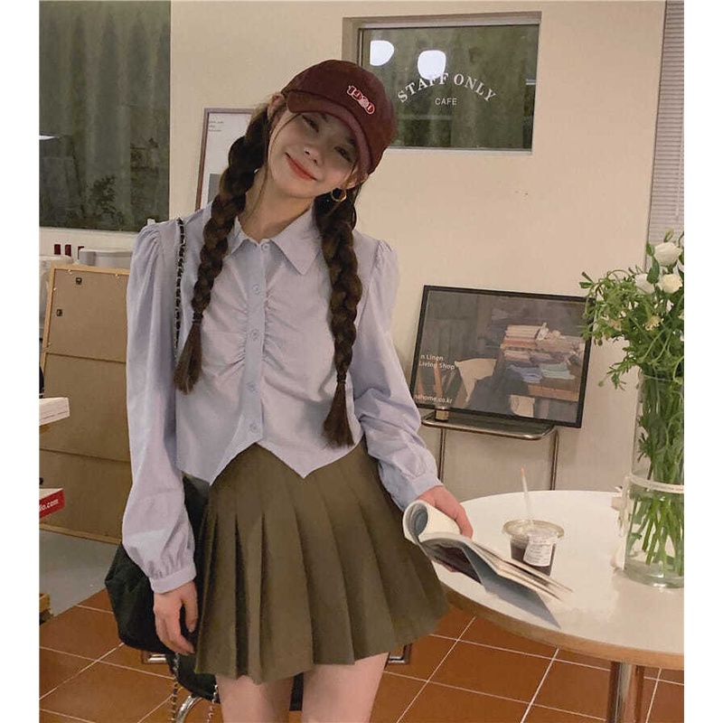 Áo Croptop Tay Dài Cổ Polo Màu Trơn Cỡ Lớn Thời Trang Cho Nữ