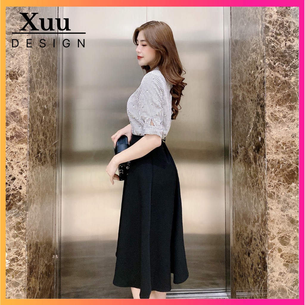 Áo sơ mi nữ Xuu Design, Áo sơ mi kiểu công sở kẻ cổ sen hàng thiết kế chất vải đẹp -BS11 caro đen