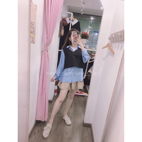 Set Áo Sơ Mi Nữ Phối Gile Đen Dáng RộngThắt Nơ Lưng 3Màu Hàng QC