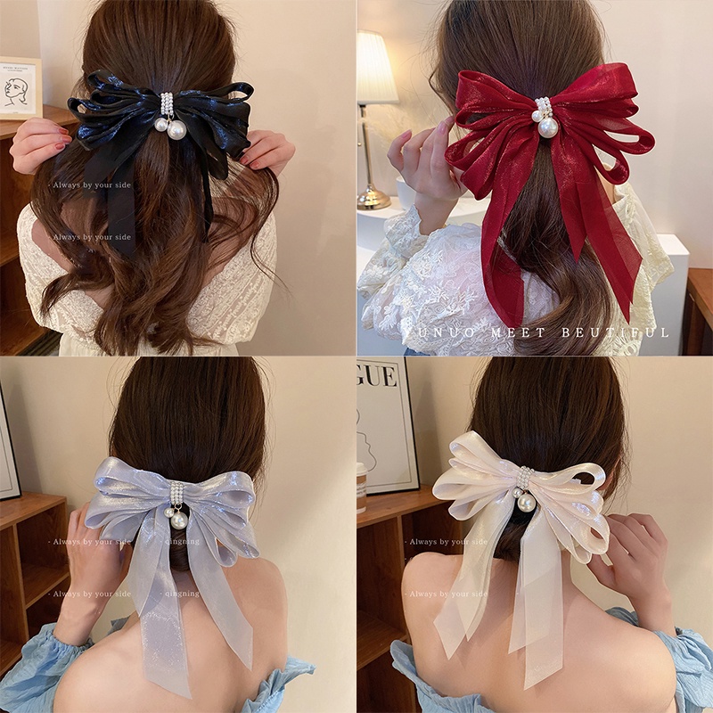 Dây Ruy Băng Cột Tóc Đính Nơ Ngọc Trai Lớn Thời Trang Dành Cho Nữ