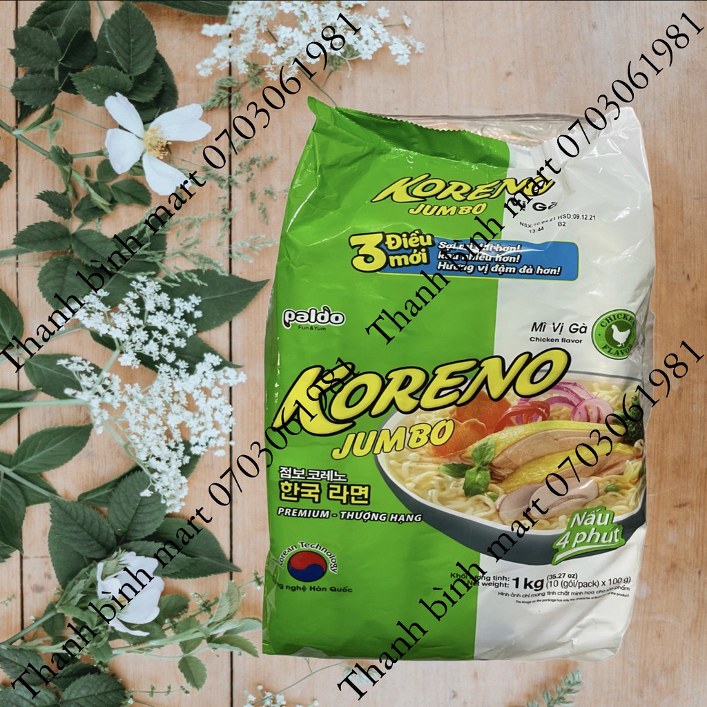 Mì Koreno Jumbo Hàn Quốc Bò Cay / Kim Chi / Gà / Tôm / Bịch 1kg (10gói x 100g)