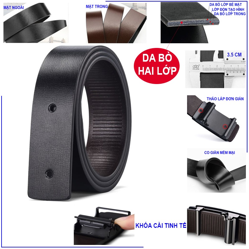 Dây Thắt Lưng Nam Da Bò Thật Hai Lớp VICENZO Khóa Tự Động Hợp Kim Chống Rỉ, Thắt Lưng Nam Da Bò Khóa Tự Động
