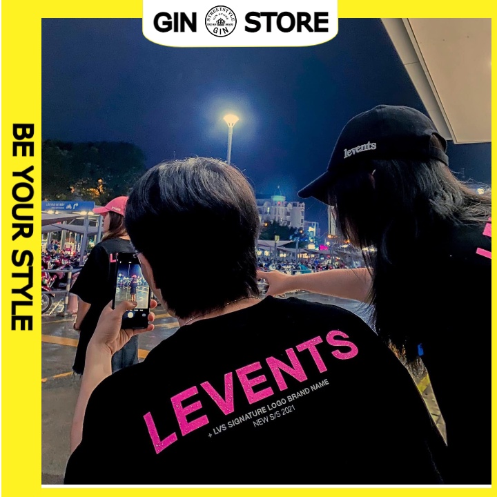 Áo thun tay lỡ Levents XL Logo tee nam nữ XL màu đen chữ hồng chất cotton form rộng - Gin Store