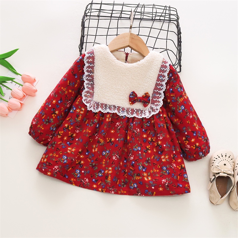 Đầm Nhung Lông Cừu Phối Ren Đính Nơ Thời Trang Thu Đông Cho Bé Gái 0-3 Tuổi