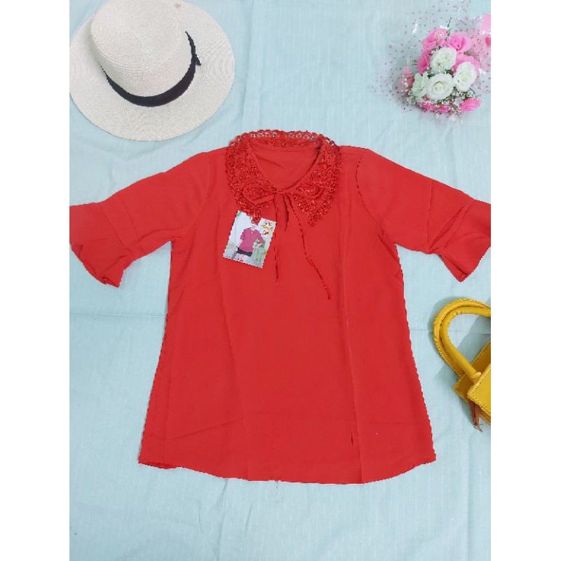 Áo voan công sở phối ren, tay lỡ. chất vải voan lụa mềm mịn, mát. Size áo từ 45 đến 55 56 ký. Cố 2 màu trắng và đỏ. 🥰