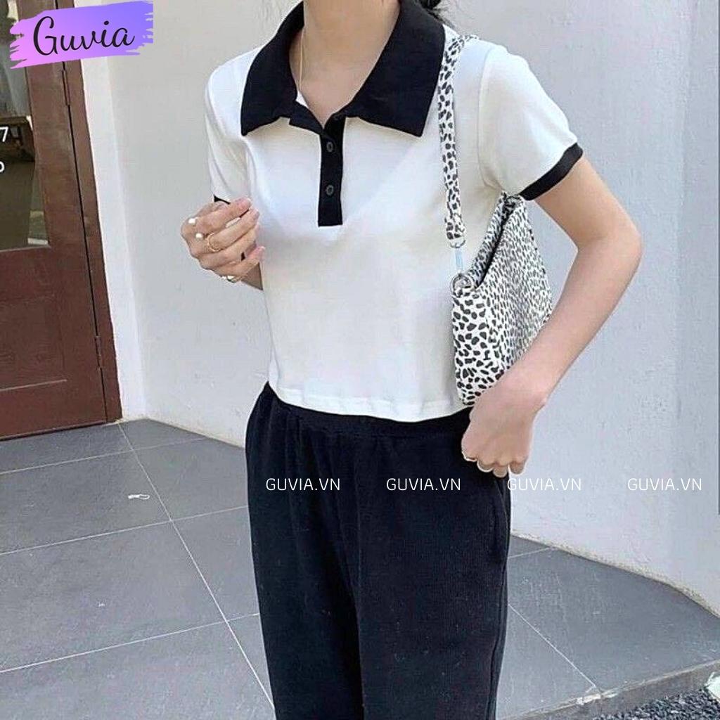 Áo Croptop CỔ POLO PHỐI Màu Đen Trắng Nữ, Áo Cổ Bẻ Tay Ngắn Đẹp GUVIA
