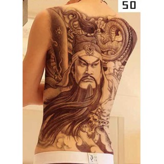 Hình xăm dán kín lưng quan công trắng đen 34x48cm