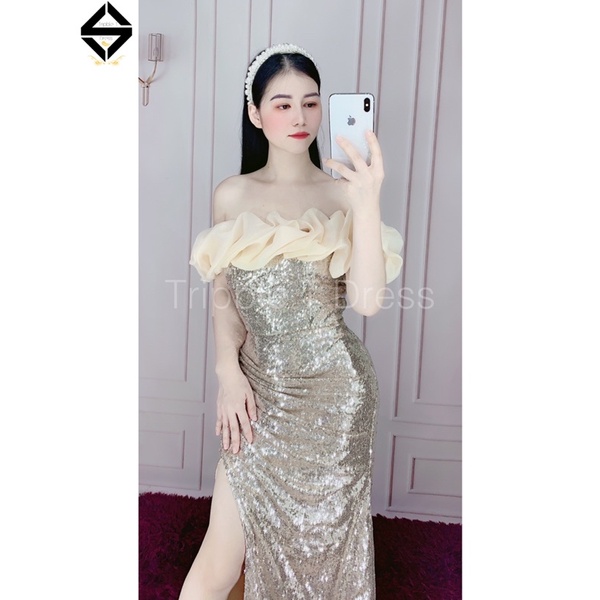 Đầm body dạ hội phối bèo voan kết đá pha lê phối tà ngoài voan TRIPBLE T DRESS -size S/M/L - MS146Y