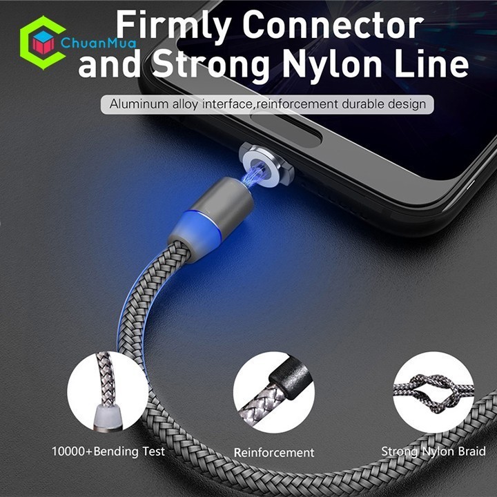 [COMBO 1 DÂY+3 ĐẦU SẠC] Cáp sạc từ hút nam châm đầu Iphone- micro USB - Type C - Dây dù - xoay 360 độ có LED cao cấp