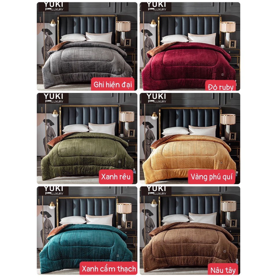 Chăn lông cừu YUKI nhập khẩu cao cấp, chăn cừu họa tiết dập nổi 5D êm ấm nặng 4.5kg tặng kèm túi da sang trọng
