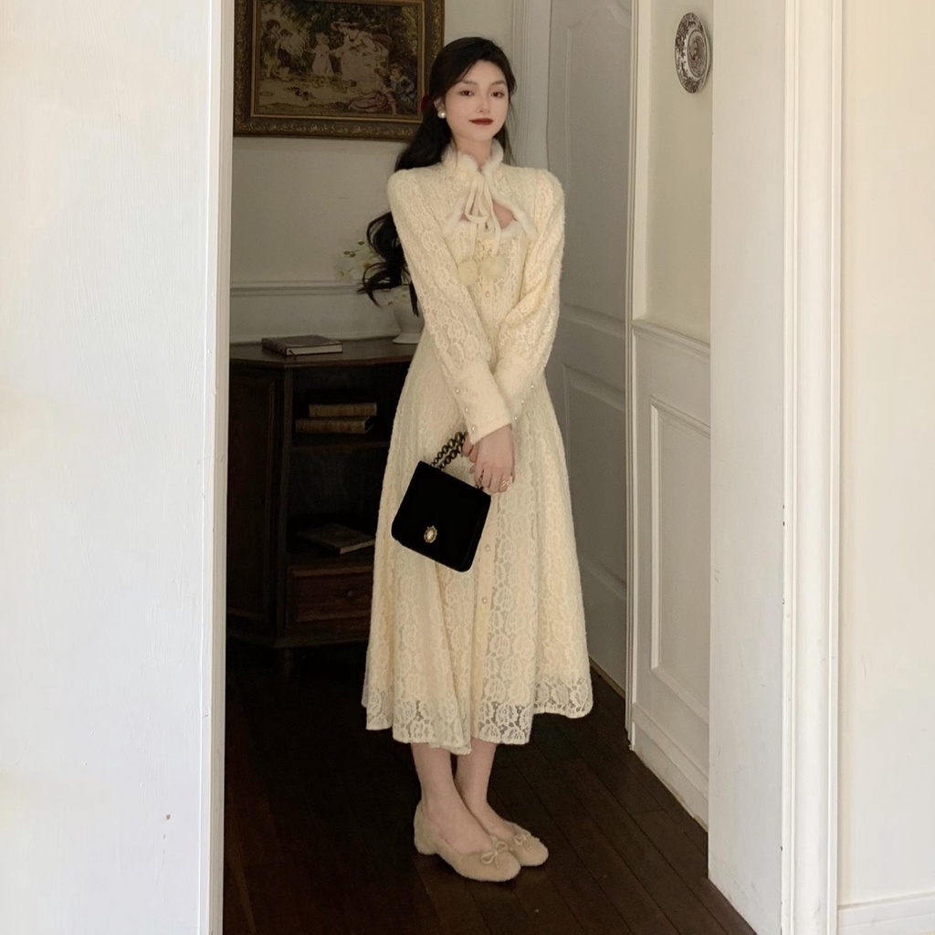 Đầm Ren Dáng Dài Chiết Eo Phong Cách Retro Cao Cấp