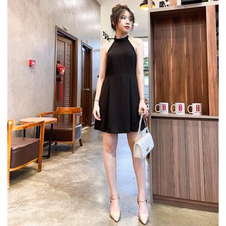 Đầm xoè đen cổ yếm thắt nơ hở lưng (ảnh thật)