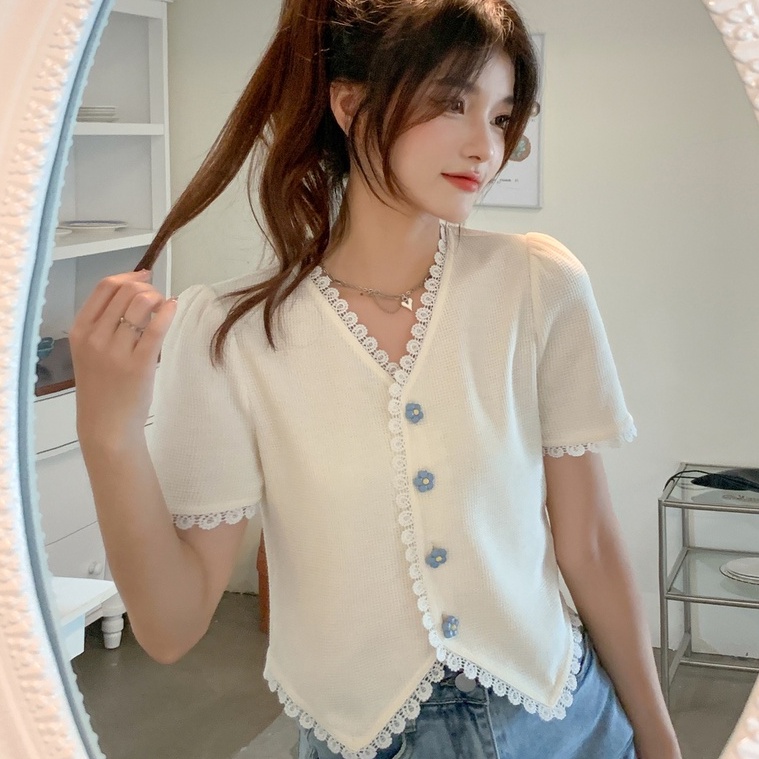 Áo thun dệt kim ZHELIHANGFEI ngắn tay phối ren phong cách thời trang cho nữ