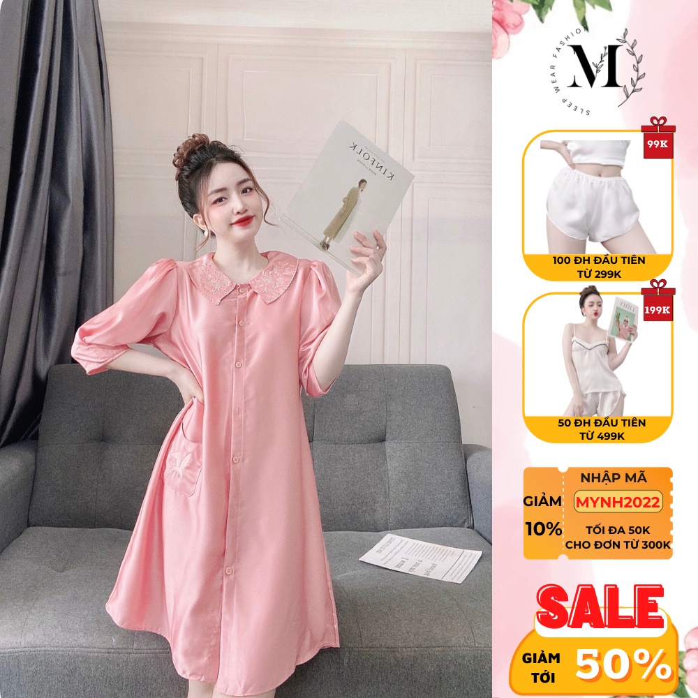 [ Lụa Cao Cấp ] Đầm ngủ tiểu thư cổ thêu hoa gợi cảm mặc nhà chất liệu lụa satin mềm mịn 035