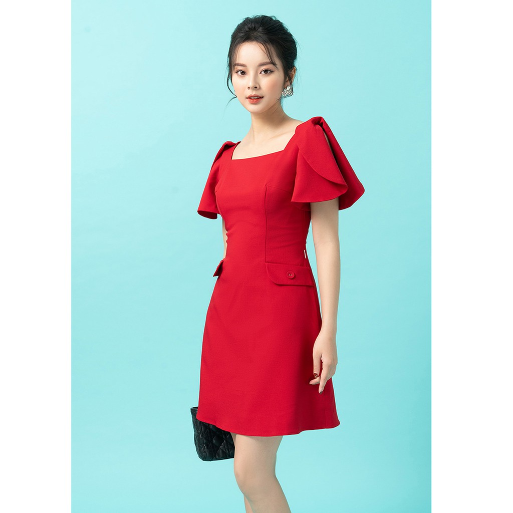 Đầm xòe thiết kế công sở 92WEAR 3 màu, xẻ tay cổ vuông DEA1237