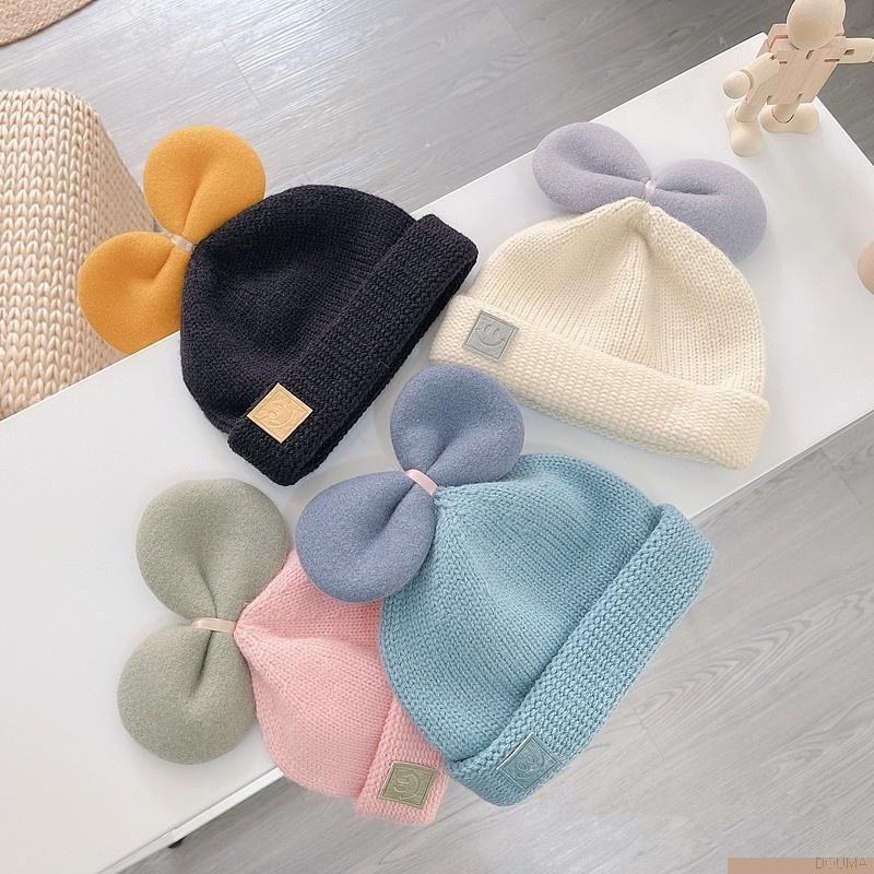 Mũ beanie dệt kim mềm co giãn đính nơ màu kẹo dễ thương dành cho bé sơ sinh