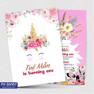 Thiệp thôi nôi –  Sinh nhật bé gái Ngựa một sừng Unicorn (PX_SN107)