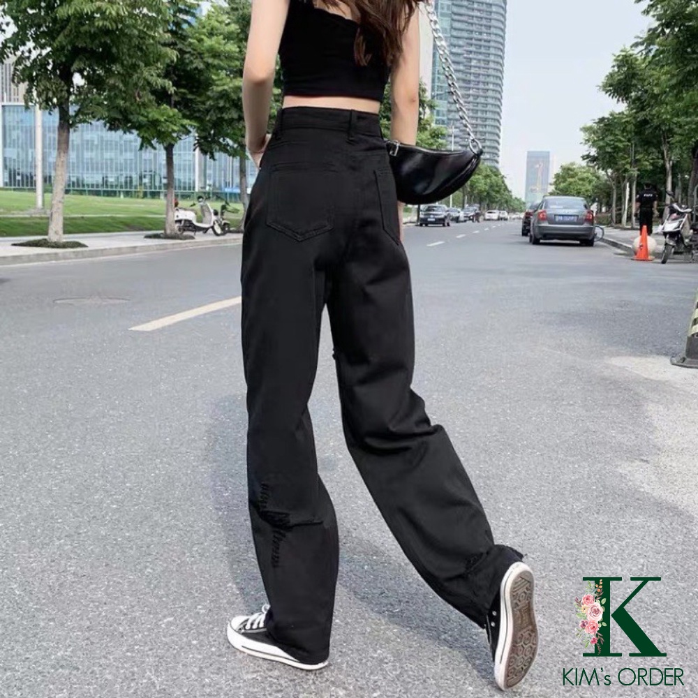 Quần jean nữ màu đen basic ống suông rộng phong cách Ulzzang hai phiên bản trơn và rách ống đủ size