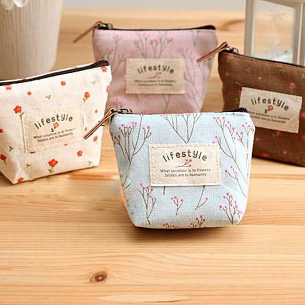 Ví mini vải canvas họa tiết hoa có dây kéo đựng tiền xu/ chìa khóa/ thẻ