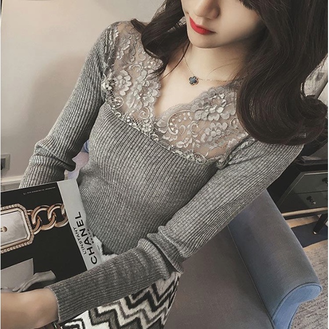Áo kiểu nữ phối ren đẹp tay dài Sm62