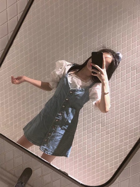 Set yếm váy bò denim 2 dây cúp ngực cúc trước kèm áo kiểu tay bồng ulzzang hàn quốc