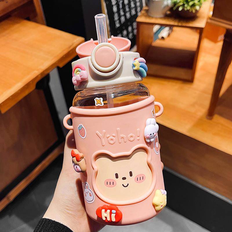 Bình Nước Nhựa Có Ống Hút Thiết Kế Dễ Thương Dành Cho Học Sinh